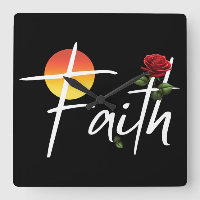 Faith Typography With Roses Square Wall Clock (Front)