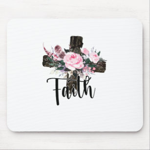Faith Wood Cross with Flowers, Christian Faith Mouse Pad