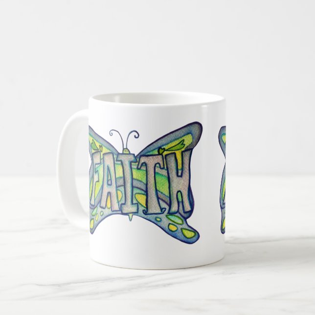 Faith Word Art Blue Butterfly Wings Coffee Cup (Front Left)