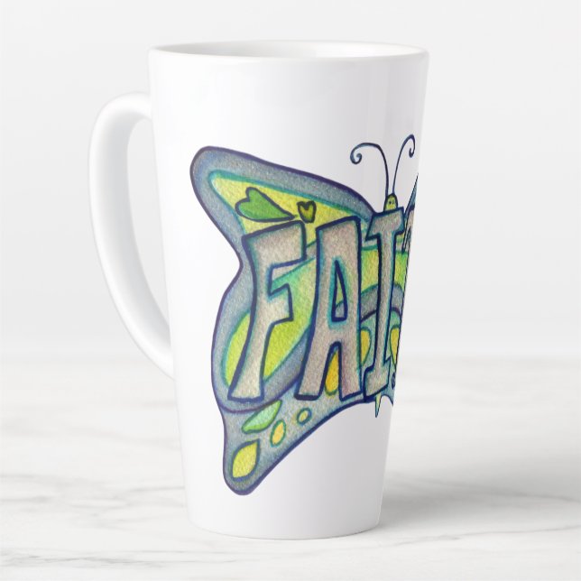 Faith Word Art Blue Butterfly Wings Latte Mug Cup (Left Angle)