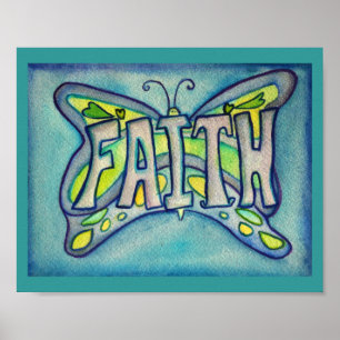 Faith Word Bleu Papillon Art Imprimer Affiches