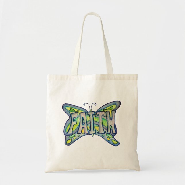 Faith Word Sac fourre-tout d'art papillon bleu (Devant)