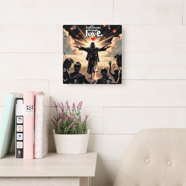 Faith works through love. Galatians 5:6 Square Wall Clock (Reading Room)