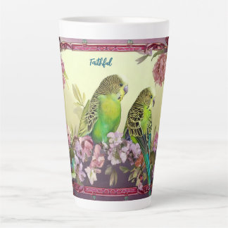 Faithful Parakeets and Pink Blossoms Latte Mug