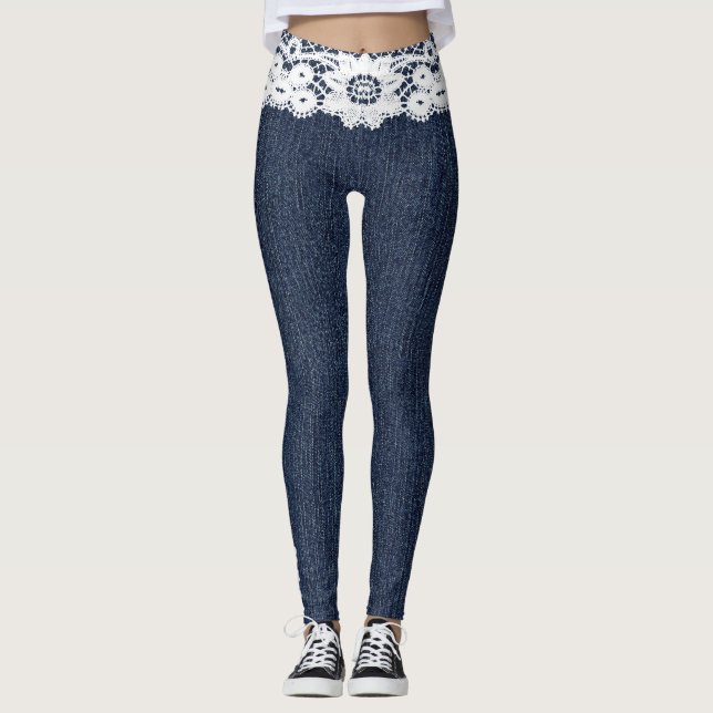 Fake Blue Jeans Blanc dentelle Denim Leggings (Devant)