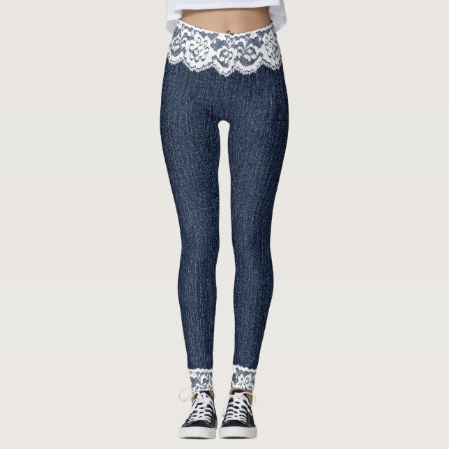 Fake Blue Jeans White Lace Leggings (Front)