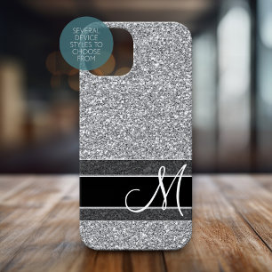 Fake Glitter Pattern Bling Monogram Silver Black