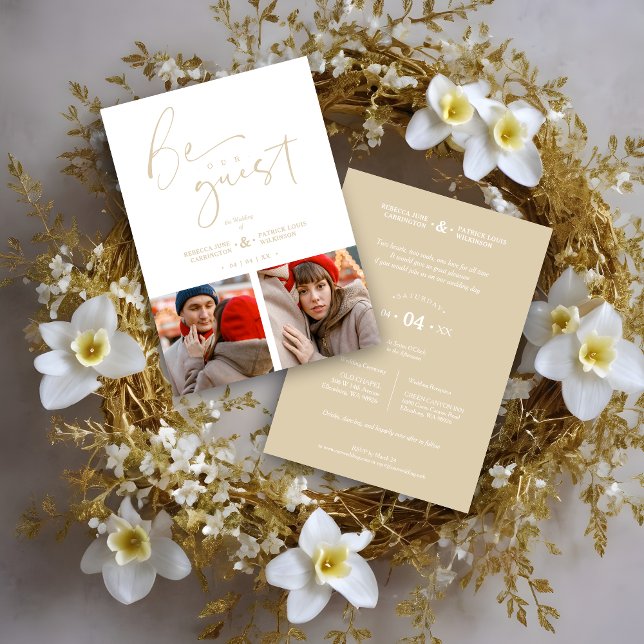 Fake Gold Romantic Collage 2 Photos Be Our Guest  (Collage 2 Photos Be Our Guest Romantic Wedding Fake Golden Wedding Invitation Card with Envelope.)