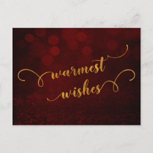Fake Gold Typography "Warmest Wishes" Over Red Holiday Postcard