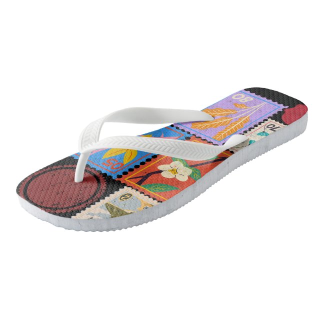 Fake Masterpiece Random Stamps Collage Collection Flip Flops (Angled)