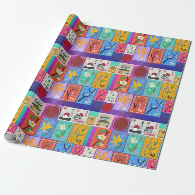 Fake Masterpiece Random Stamps Collage Collection Wrapping Paper (Unrolled)