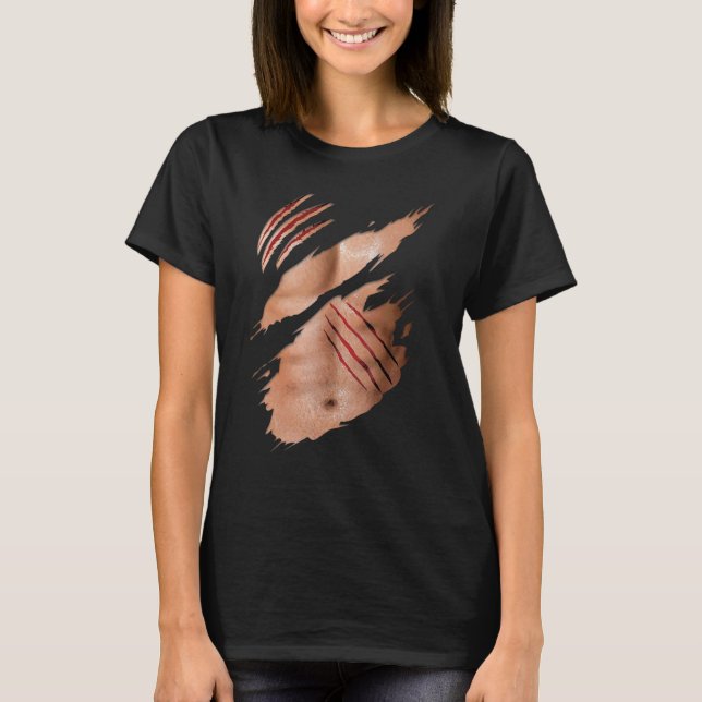 Fake Six Pack Abs Buff Body Claw Scratches Costume T-Shirt (Front)
