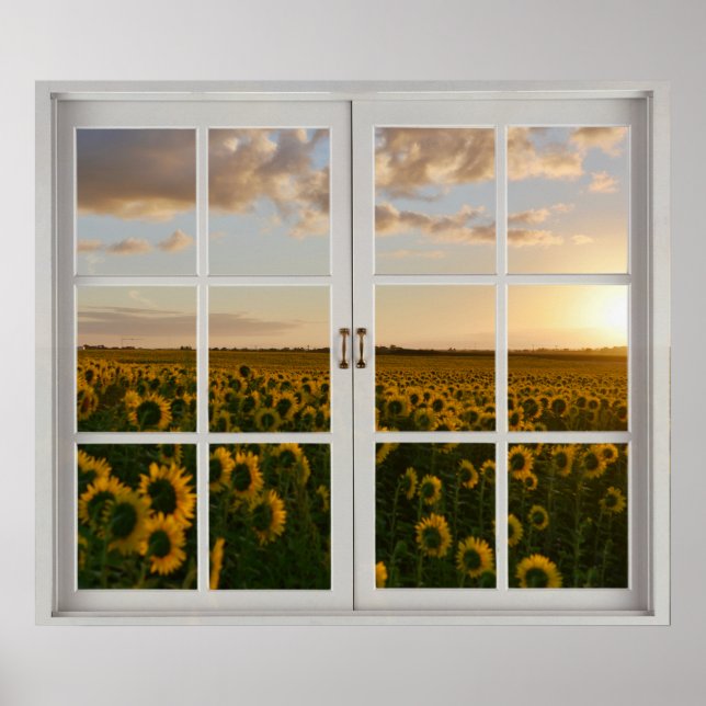 Fake Window Floral Sunflower Sunset  landscape Poster (Front)