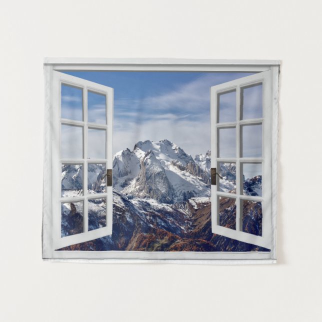 Fake Window Mountain Scene Wall Hanging Tapestry (Front (Horizontal))