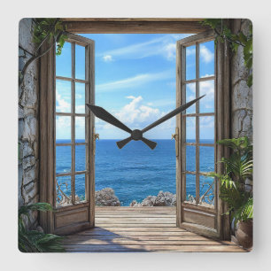 Fake window Ocean View Scenic Timepiece 🌊🪟🕰️ Square Wall Clock