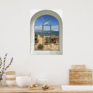Fake Window Rocky Beach Ocean View Poster