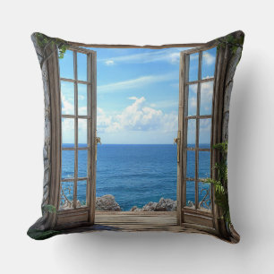 Fake window seascape Beach Scenery Home Décor 🌊🪟 Throw Pillow