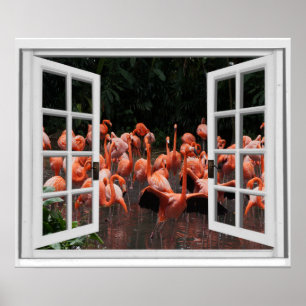 Fake Window View Pink Flamingos Poster