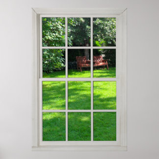 Fake Window - White Wood Frame - Backyard View Poster