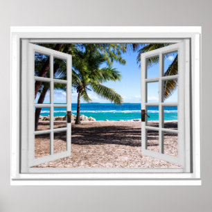Fake Window With Palm trees on Beach Ocean View Poster