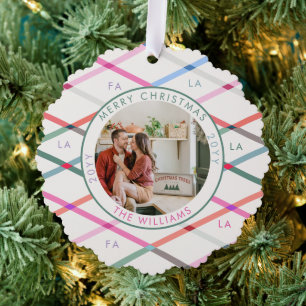 Falala Pastel Checkered Pattern Christmas Photo Ornament Card