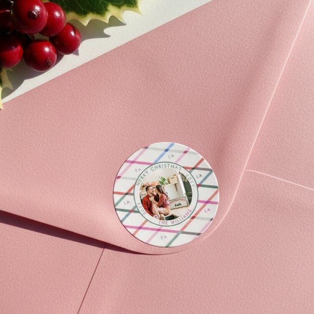 Falala Pastel Chequered Pattern Christmas Photo Classic Round Sticker (Creator Uploaded)