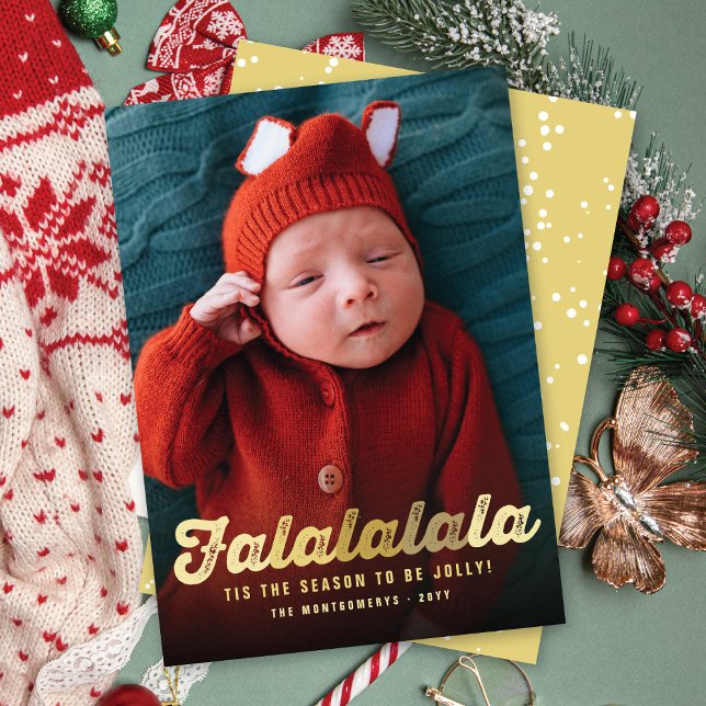 Falalalala Gold Ombre Script Fun Christmas Photo Holiday Card (Creator Uploaded)