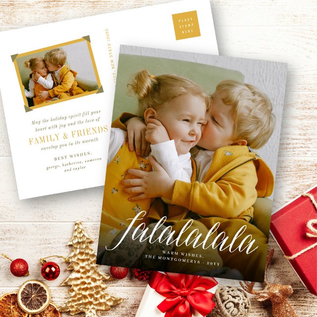 Falalalala Simple White Script Fun Modern Photo Holiday Postcard (Creator Uploaded)