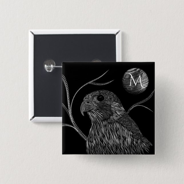 Falcon Full Moon Monogram Black 2 Inch Square Button (Front & Back)