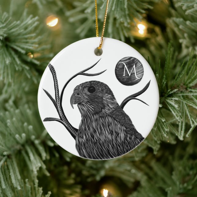 Falcon Full Moon Monogram Ceramic Ornament (Tree)