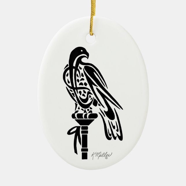 Falcon on Block Perch Ceramic Ornament (Front)