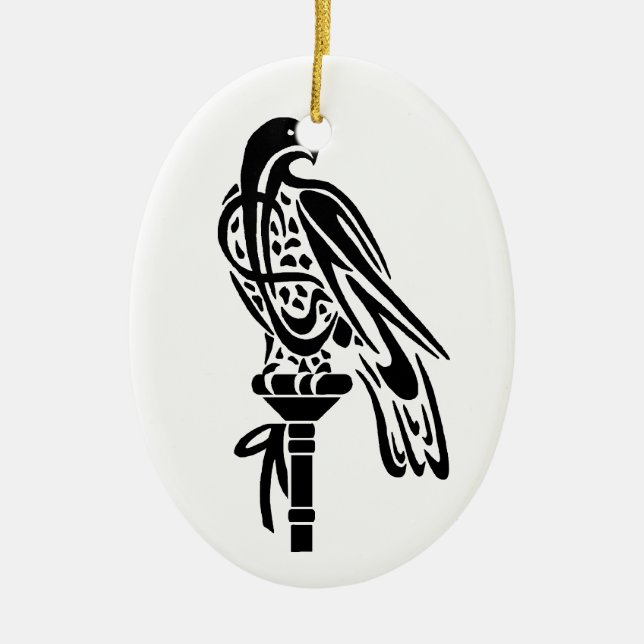 Falcon on Block Perch Ceramic Ornament (Front)