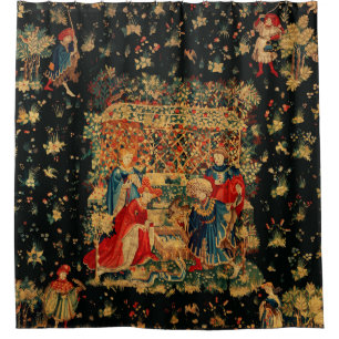 FALCONS BATH Red Blue Antique Medieval Tapestry 