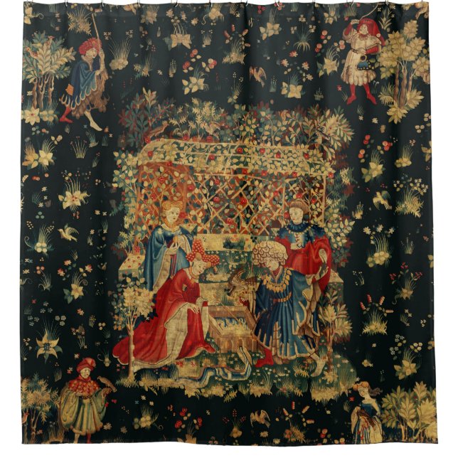 FALCONS BATH Red Blue Antique Medieval Tapestry  (Front)