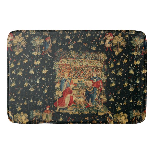 FALCONS BATH Red Blue Antique Medieval Tapestry Bath Mat (Front)