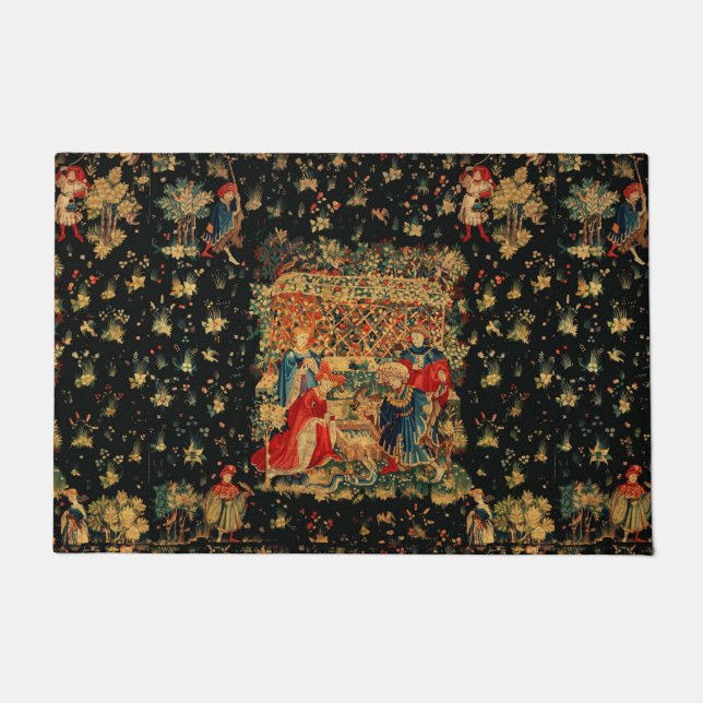 FALCONS BATH Red Blue Antique Medieval Tapestry  Doormat (Front)