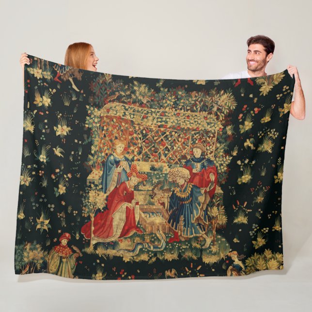 FALCONS BATH Red Blue Antique Medieval Tapestry Fleece Blanket (In Situ)
