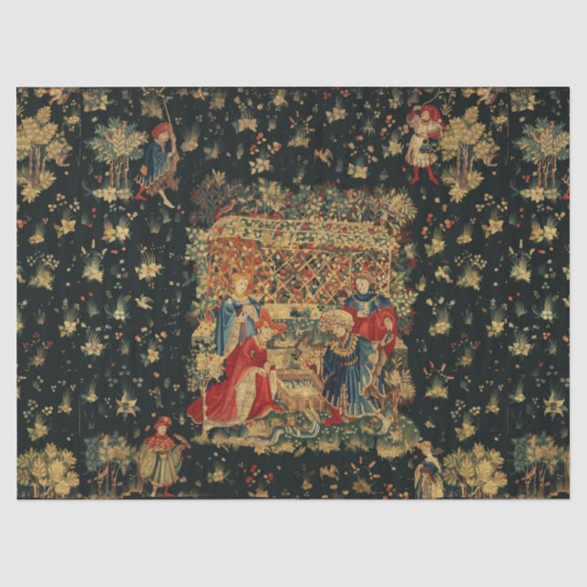 FALCONS BATH Red Blue Antique Medieval Tapestry Tissue Paper (Front)