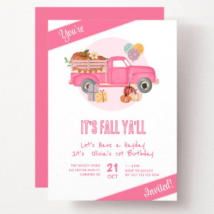 Fall 1st Birthday Pumpkin Pink Truck Invitation