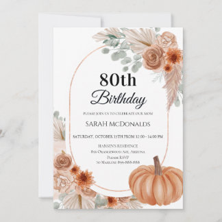 Fall 80th Birthday Invitation for Woman, Boho