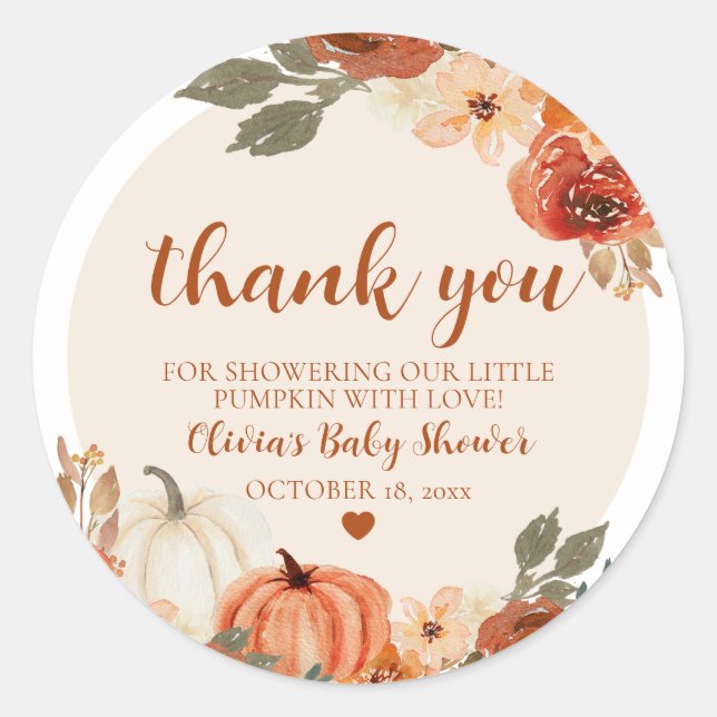 Fall A Little Pumpkin Autumn Floral Baby Shower Classic Round Sticker (Front)