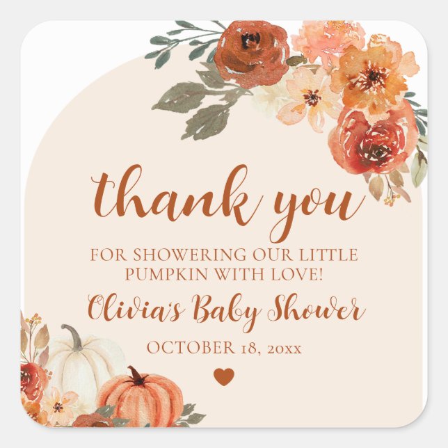 Fall A Little Pumpkin Autumn Floral Baby Shower Square Sticker (Front)