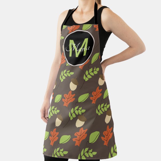Fall Acorn and Leaves Hand Drawn Pattern Monogram Apron (Insitu)
