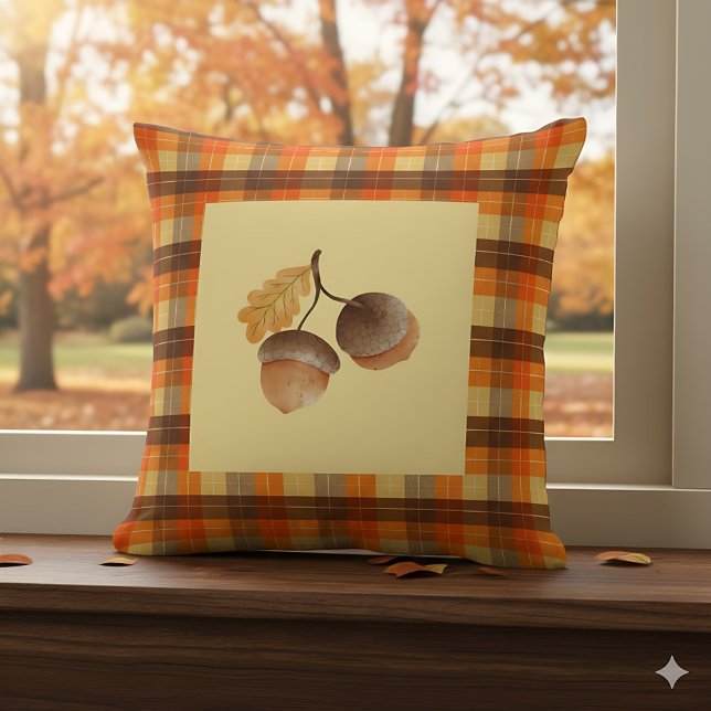Fall Acorn Plaid Farmhouse Home Decor - Cozy Autum Throw Pillow (Creator Uploaded)