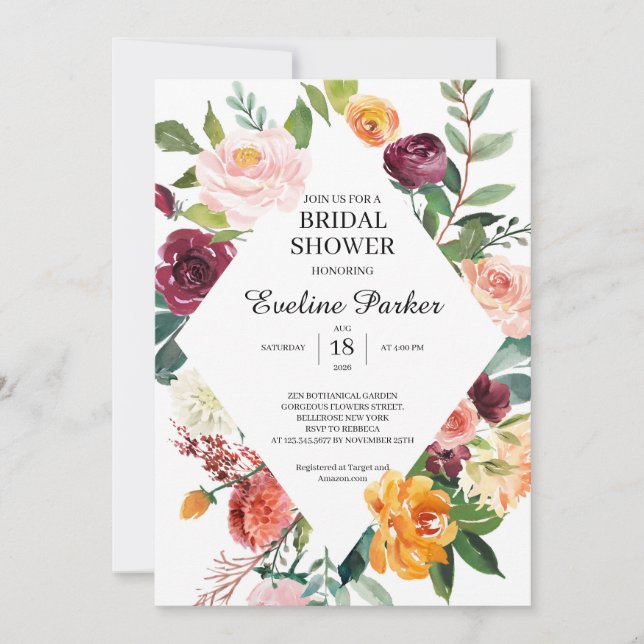 Fall and Autumn Blush Burgundy Orange flowers Invitation (Front)