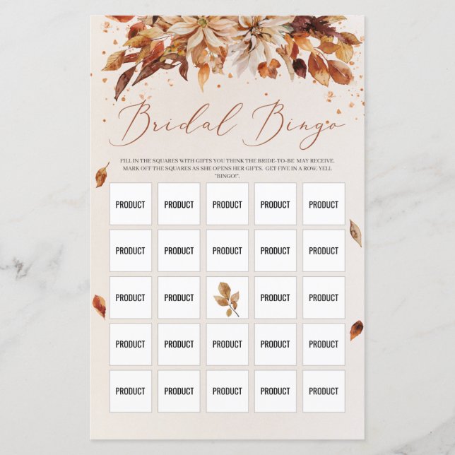 Fall and Autumn Orange Flowers Boho Bridal Bingo (Front)