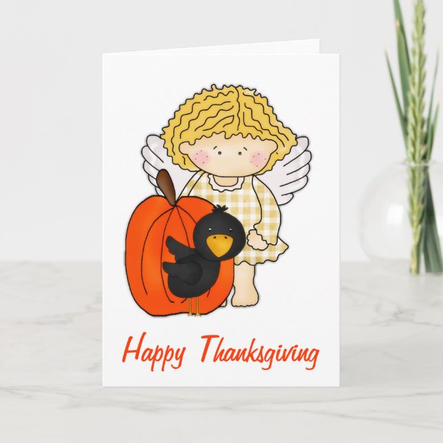 Fall Angel with Pumpkin & Crow Thanksgiving Card (Front)