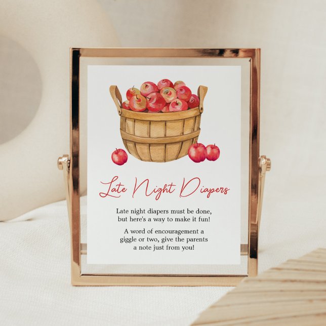 Fall Apple Basket Baby Shower Late Night Diapers Poster (Fall Apple Baby Shower Late Night Diapers Sign)