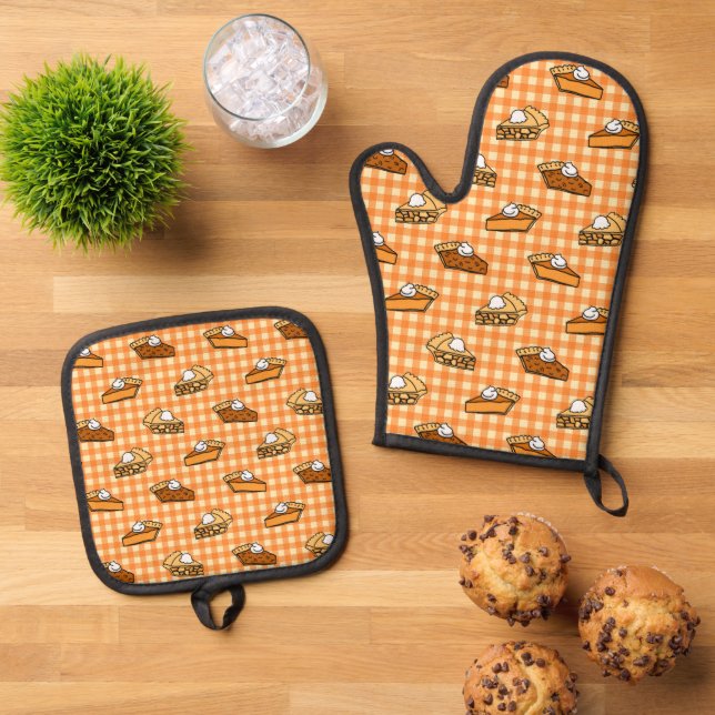 Fall Apple Pumpkin and Pecan Pie Pattern Oven Mitt & Pot Holder Set (Top Down)