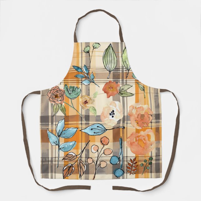 Fall Apron with plaid and autumn floral design (Front)